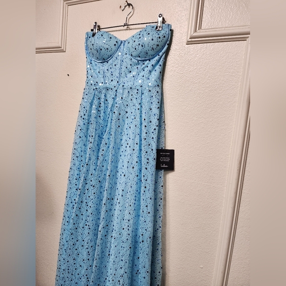 Lulus Radiant Reflection Light Blue Sequin Tulle Strapless Maxi Dress M Wedding - Picture 7 of 10